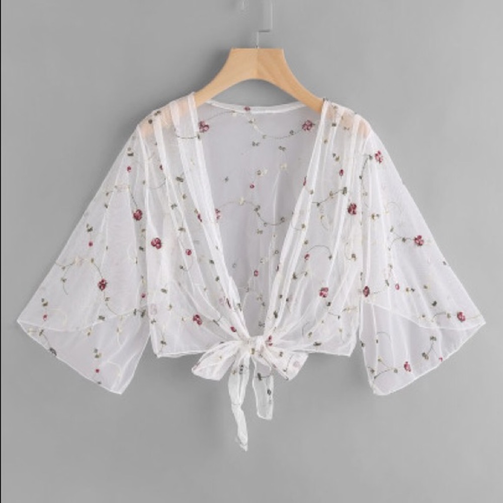 Sheer Embroidered Mesh Knot Top